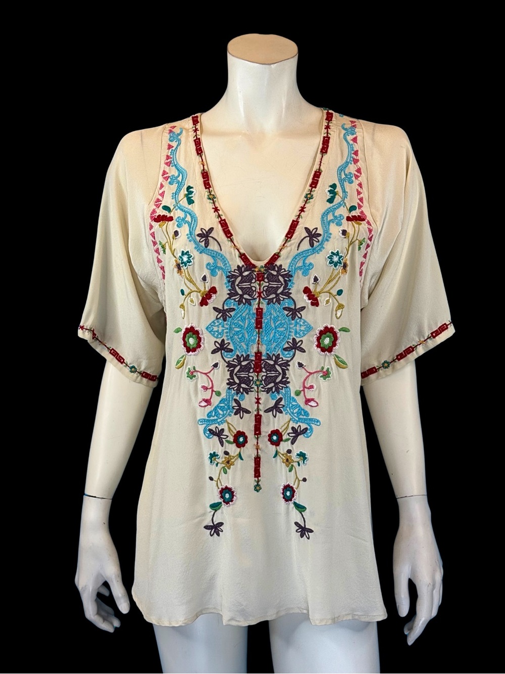 Johnny Was Biya Cream Embroidered Short Sleeve Silk Blouse S
